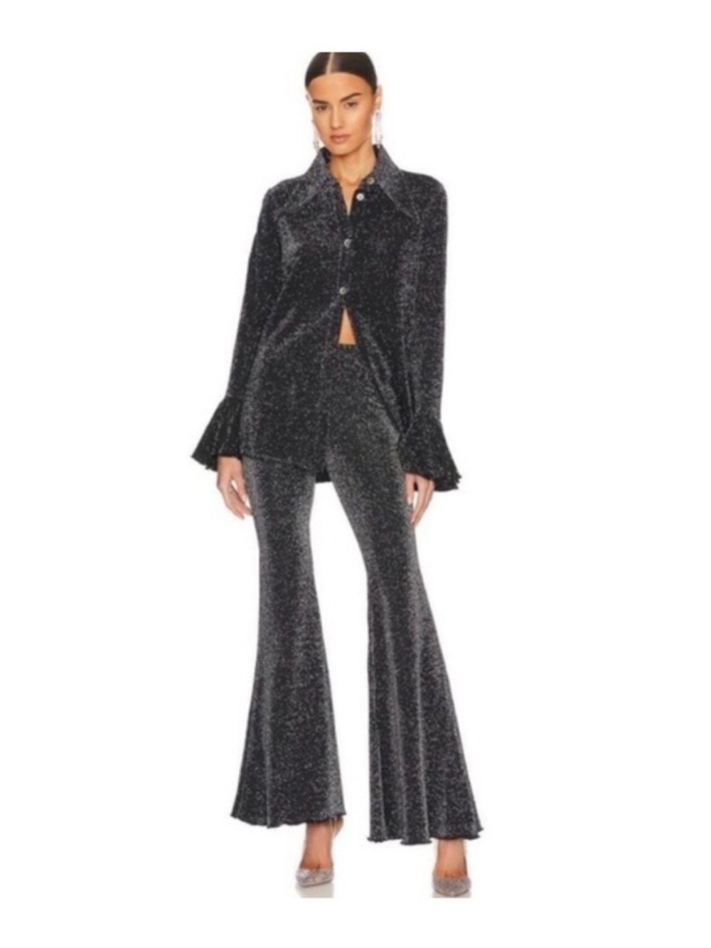 Sleeper Black Shimmer Wide-Leg Flare Pants with Matching Shimmery Shirt
